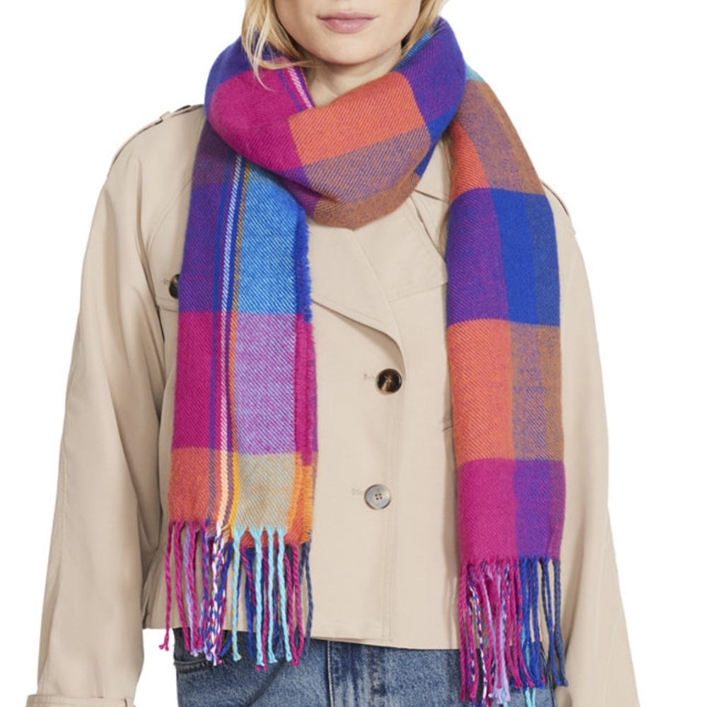 Steve Madden Pink and Blue Plaid Scarf with Fringe